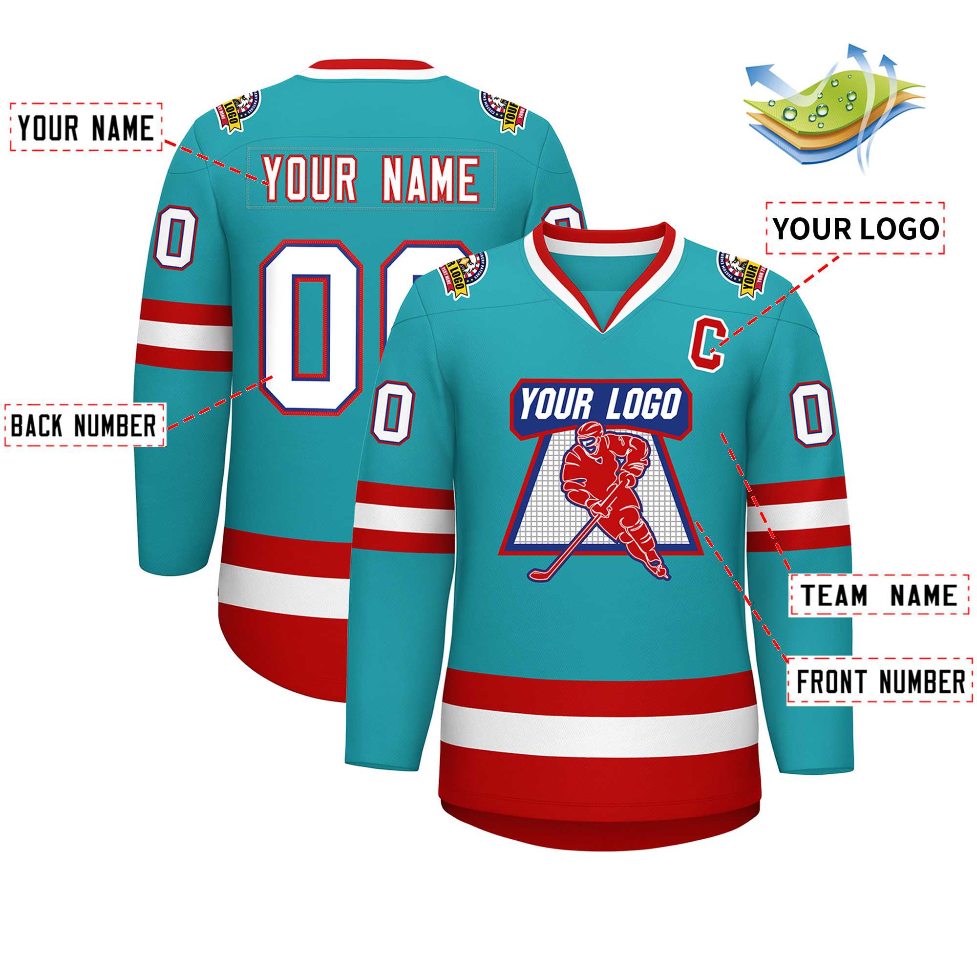 Custom Aqua White Royal-Red Classic Style Hockey Jersey