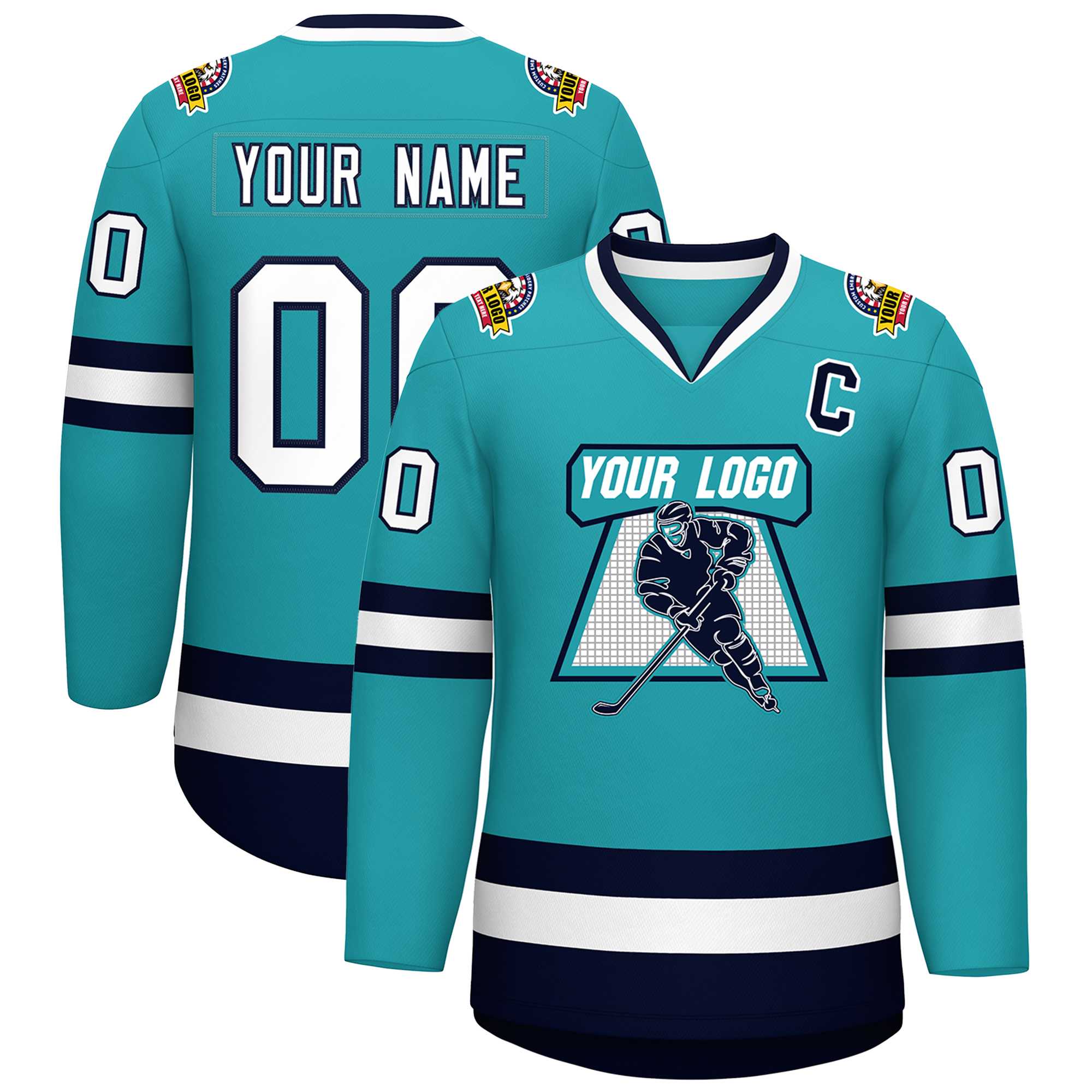 Custom Aqua White-Navy Classic Style Hockey Jersey