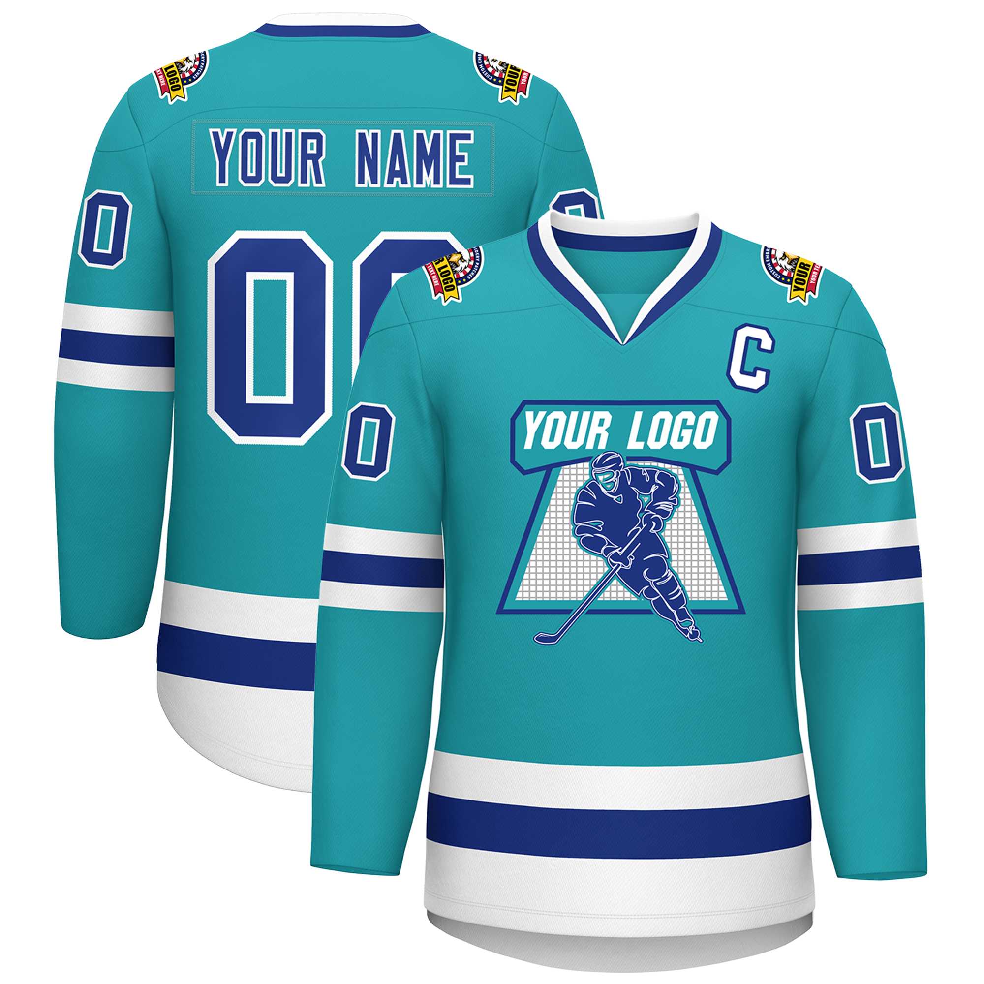 Custom Aqua Royal-White Classic Style Hockey Jersey