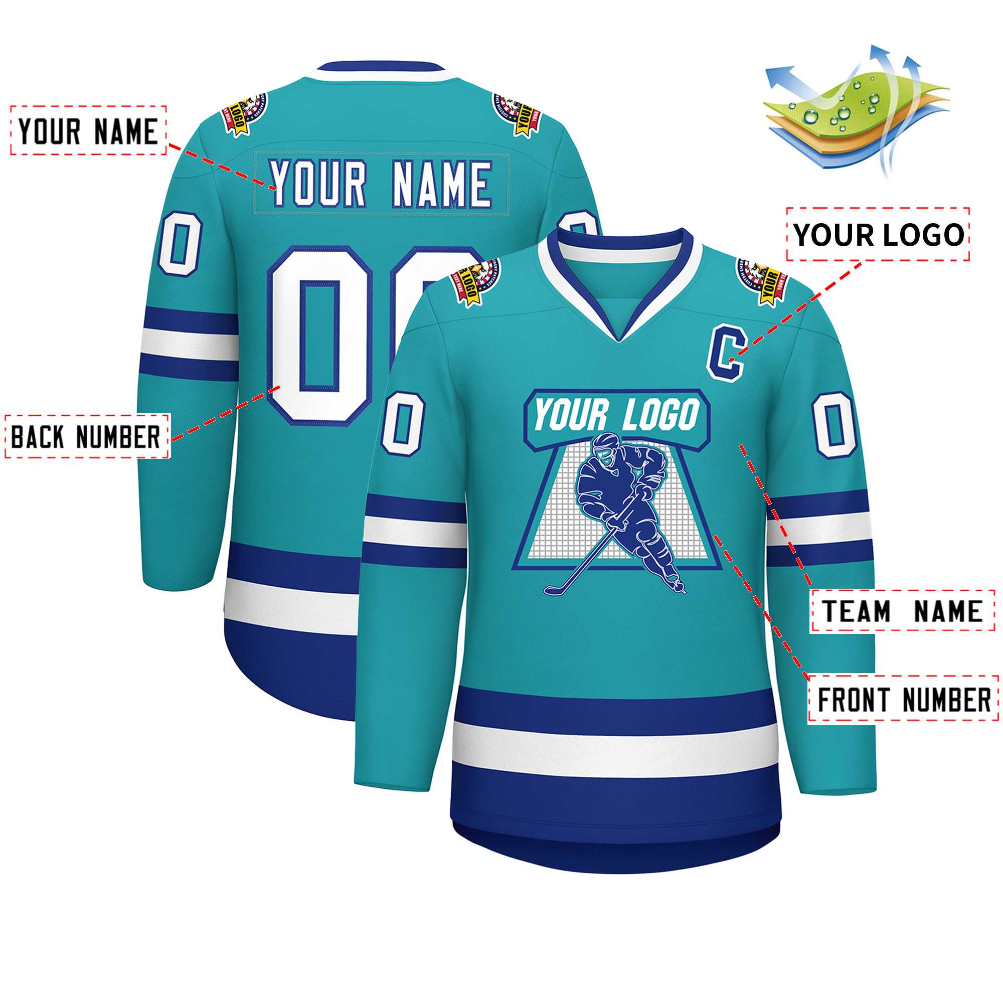 Custom Aqua White-Royal Classic Style Hockey Jersey