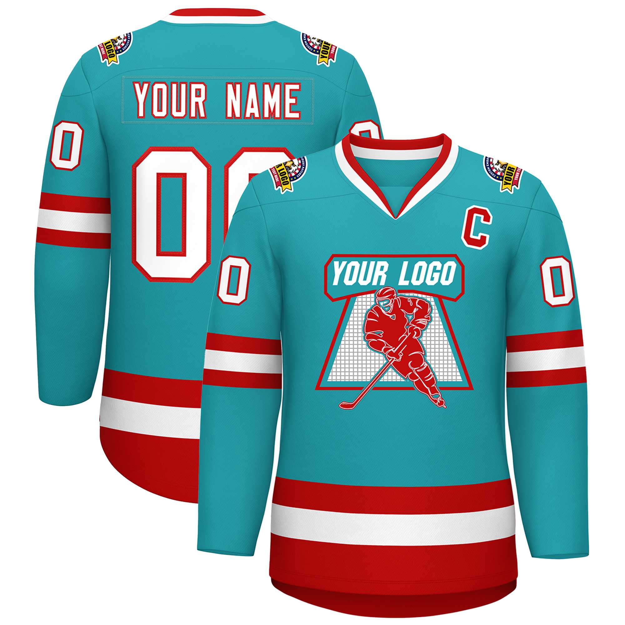 Maillot de hockey de style classique Aqua blanc-rouge personnalisé