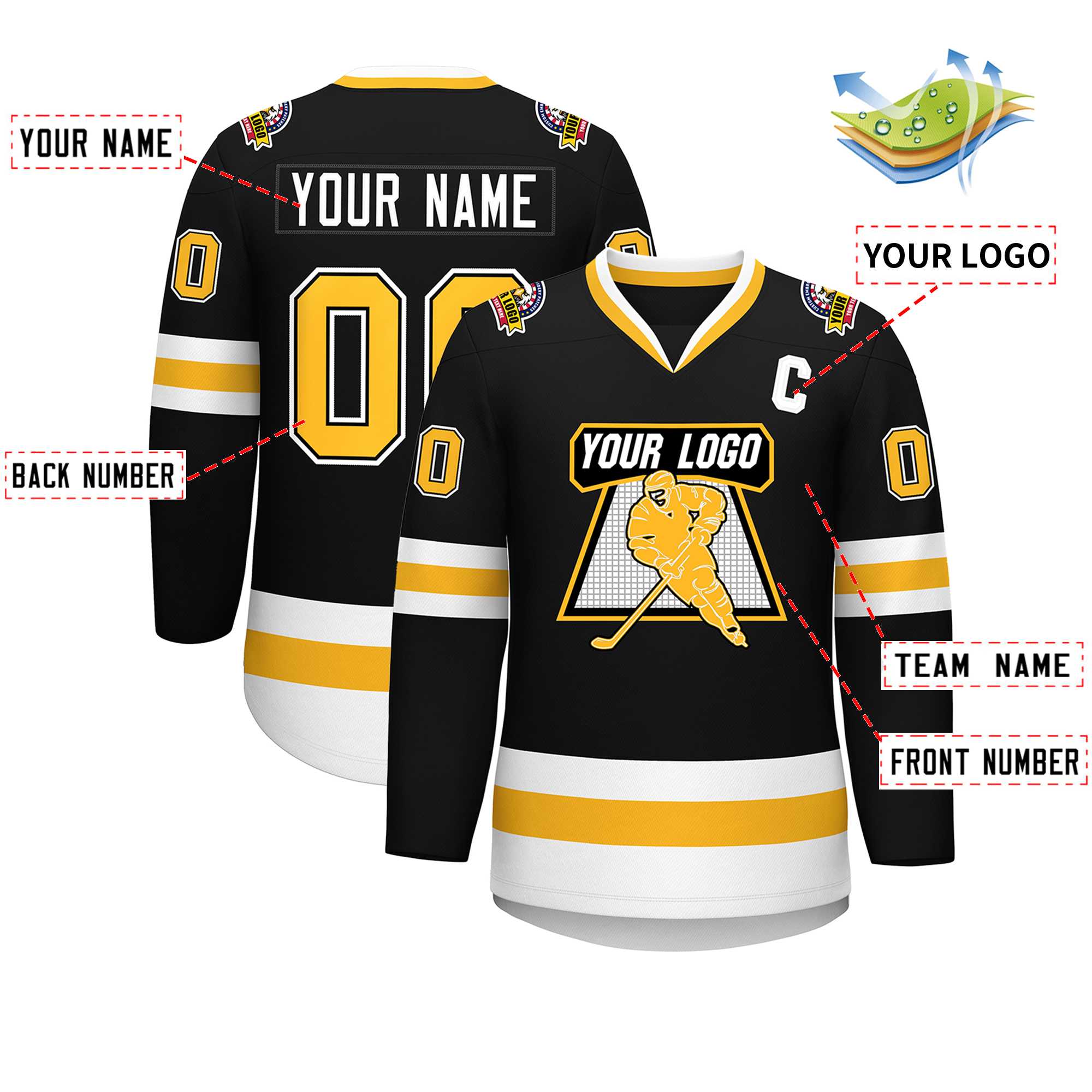 Custom Black Gold Black-White Classic Style Hockey Jersey