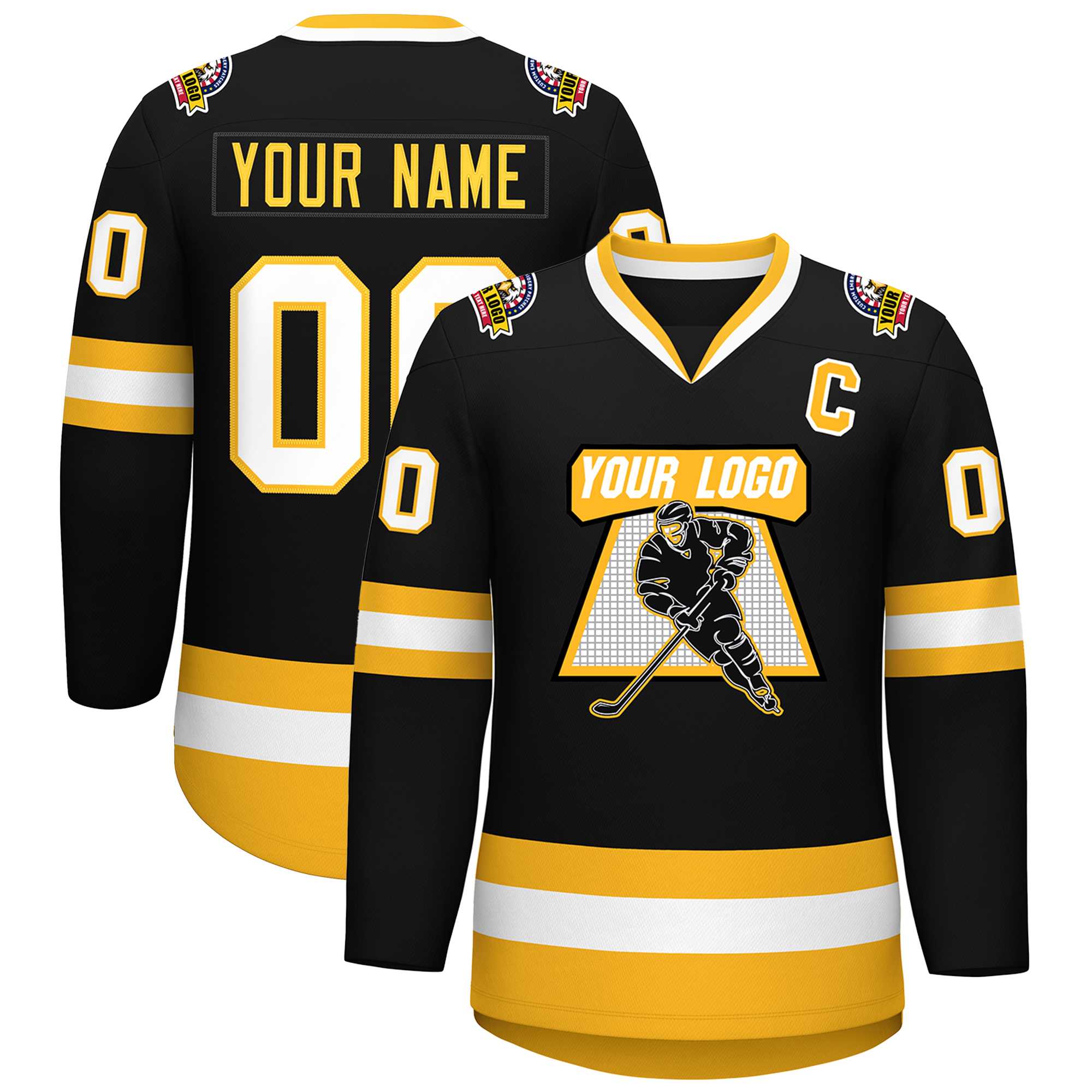 Custom Black White-Gold Classic Style Hockey Jersey