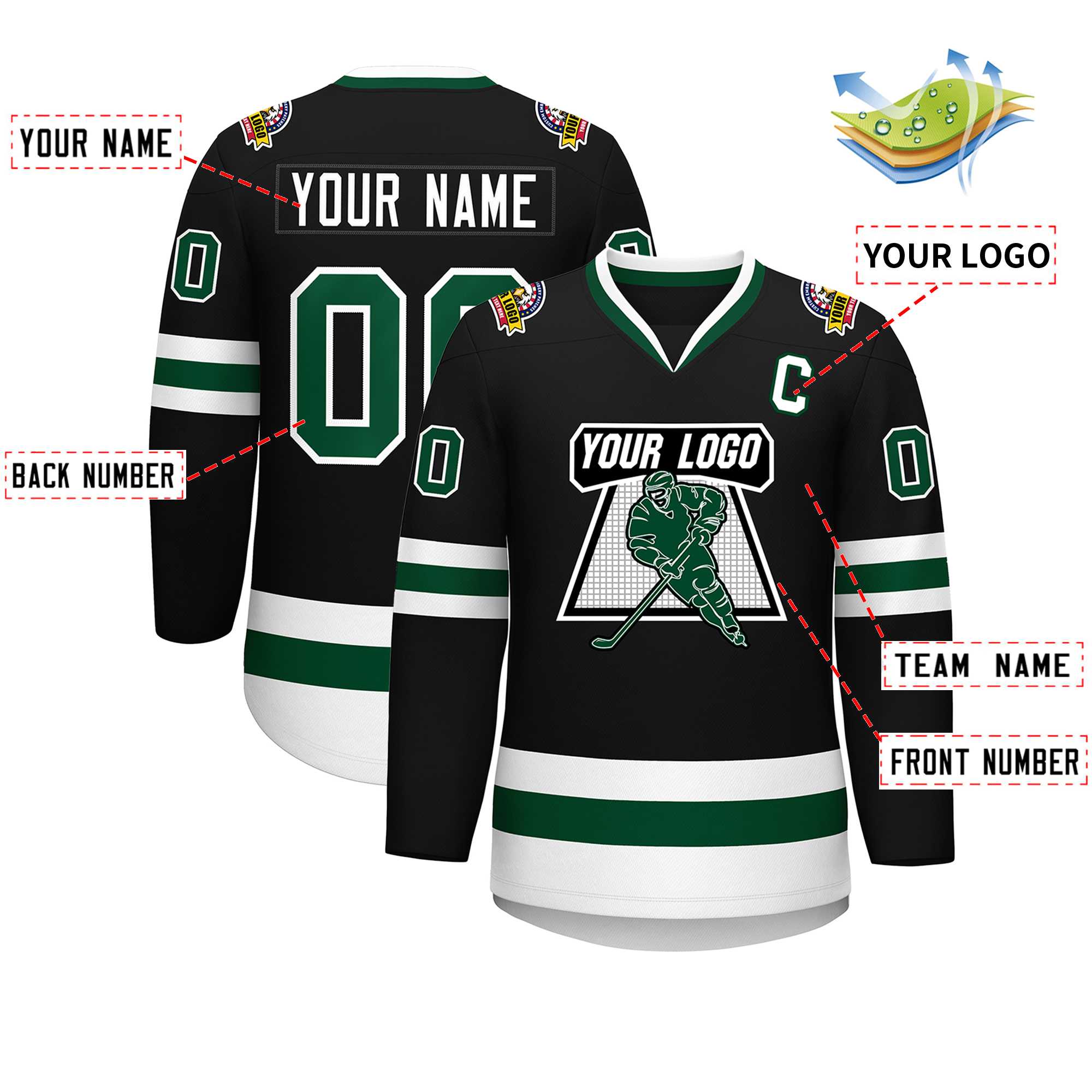 Maillot de hockey de style classique noir vert-blanc personnalisé