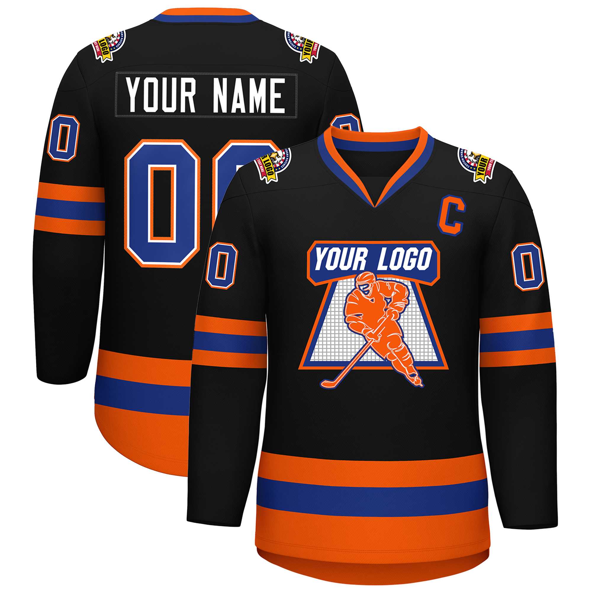 Maillot de hockey de style classique noir royal blanc-orange personnalisé