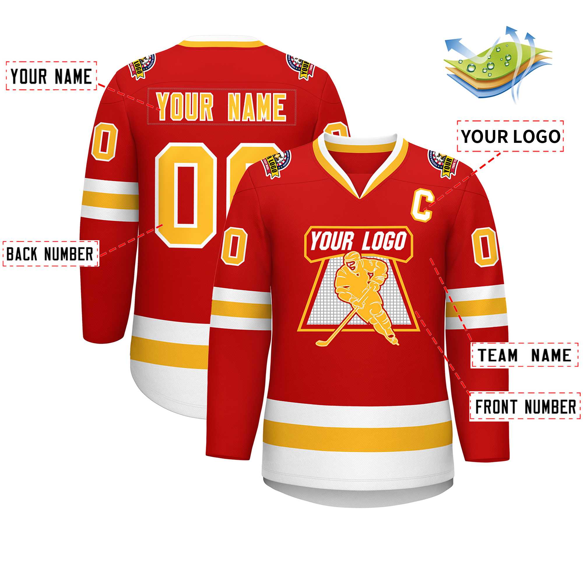 Maillot de hockey de style classique personnalisé rouge or-blanc