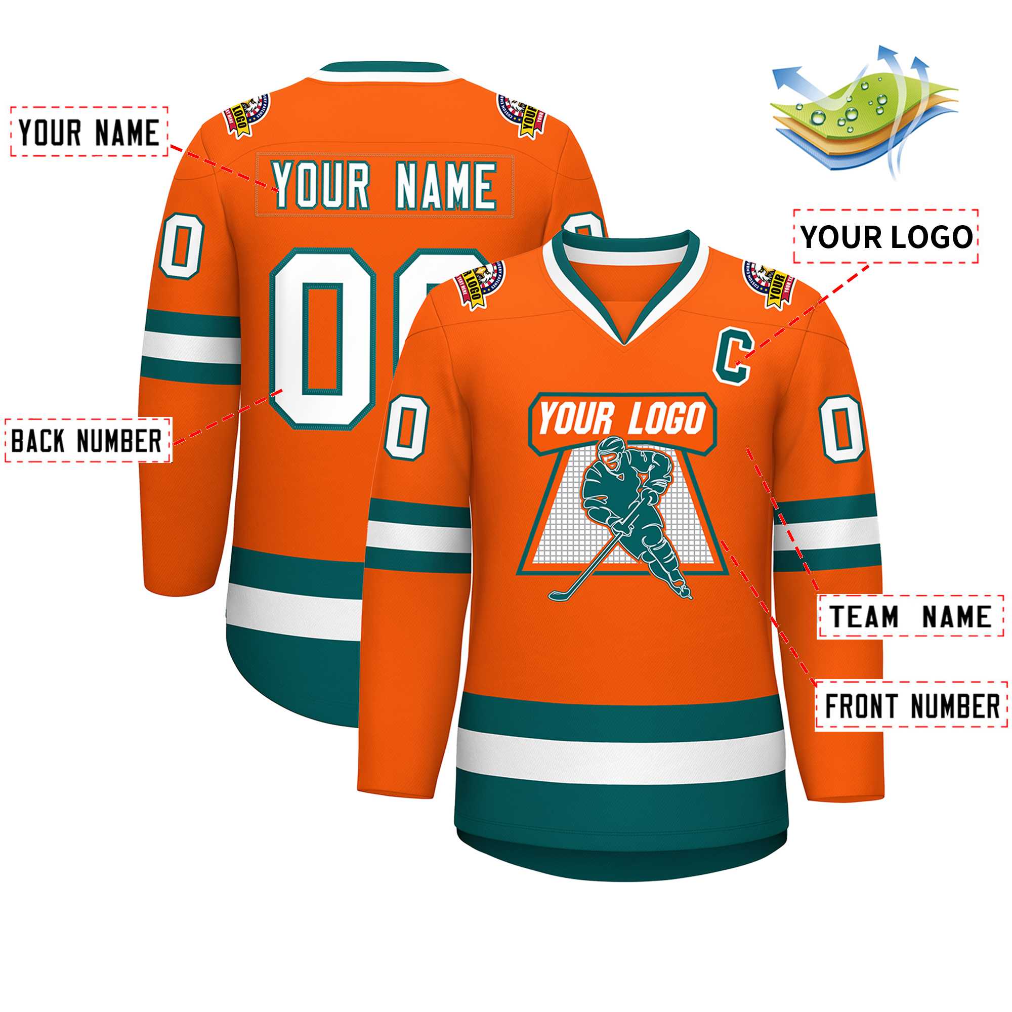 Custom Orange White-Aqua Classic Style Hockey Jersey