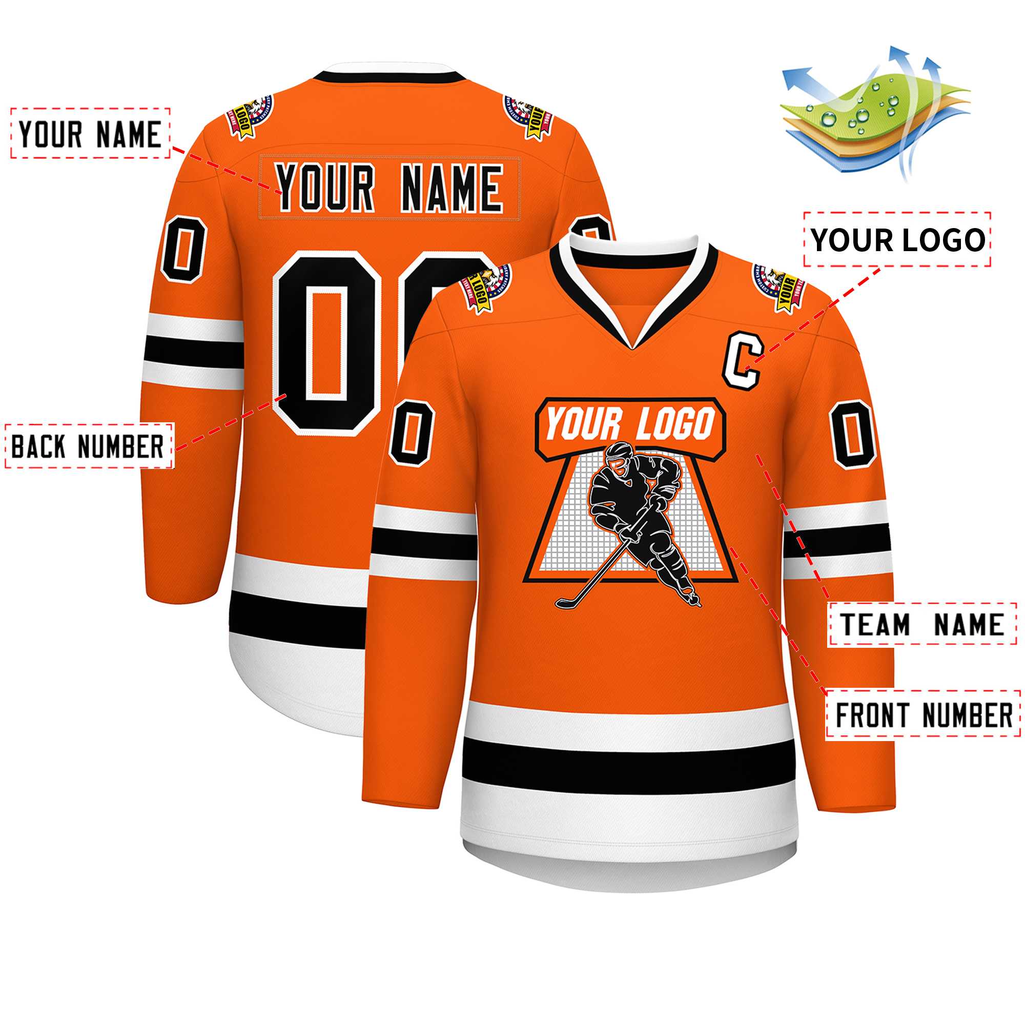 Maillot de hockey de style classique orange noir-blanc personnalisé