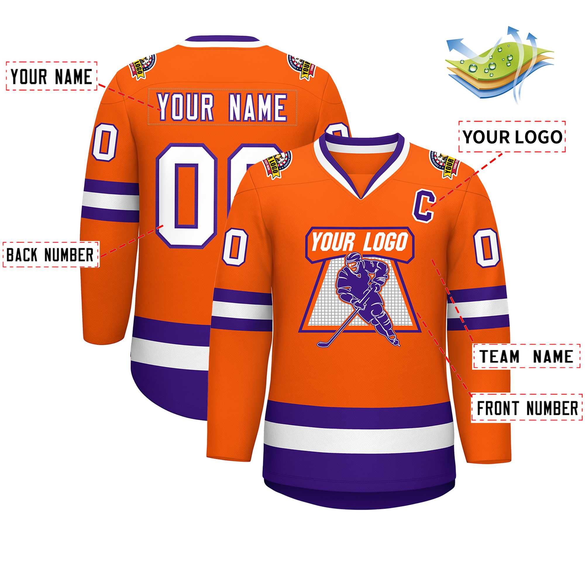 Maillot de hockey de style classique orange blanc-violet personnalisé