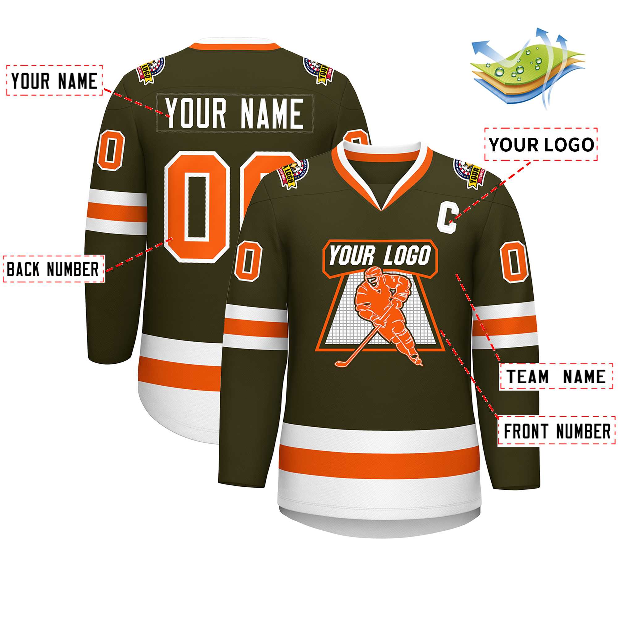 Maillot de hockey de style classique olive orange-blanc personnalisé