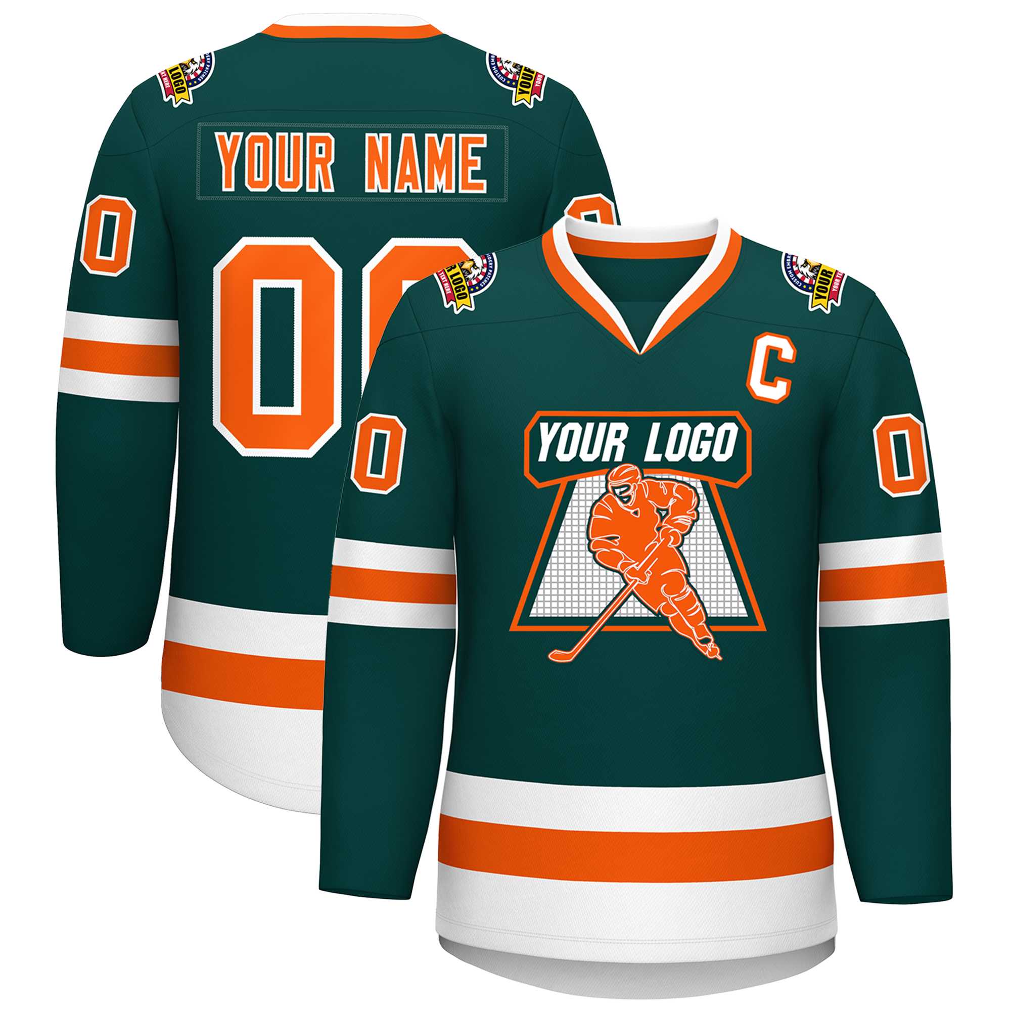 Maillot de hockey de style classique personnalisé vert minuit orange-blanc