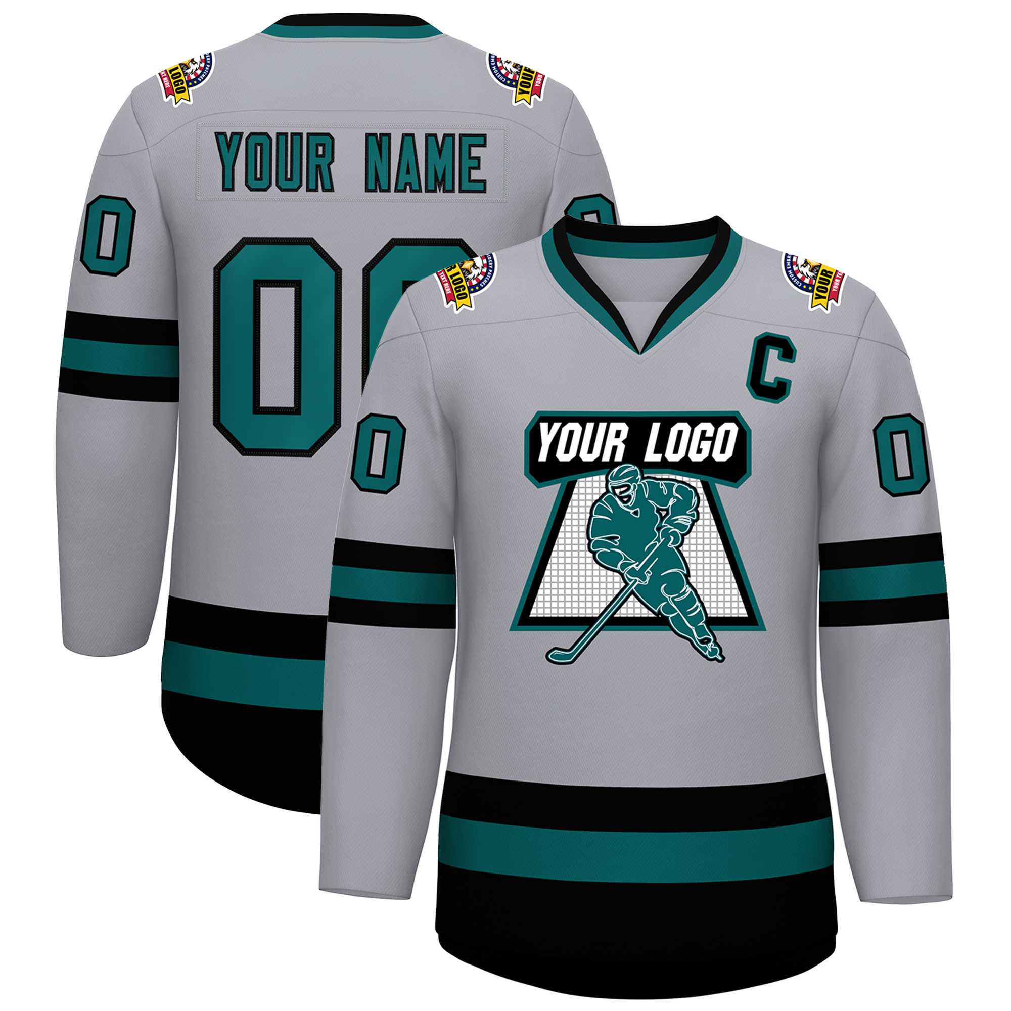 Maillot de hockey de style classique gris Aqua-noir personnalisé