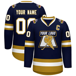 Custom Navy White-Old Gold Classic Style Hockey Jersey