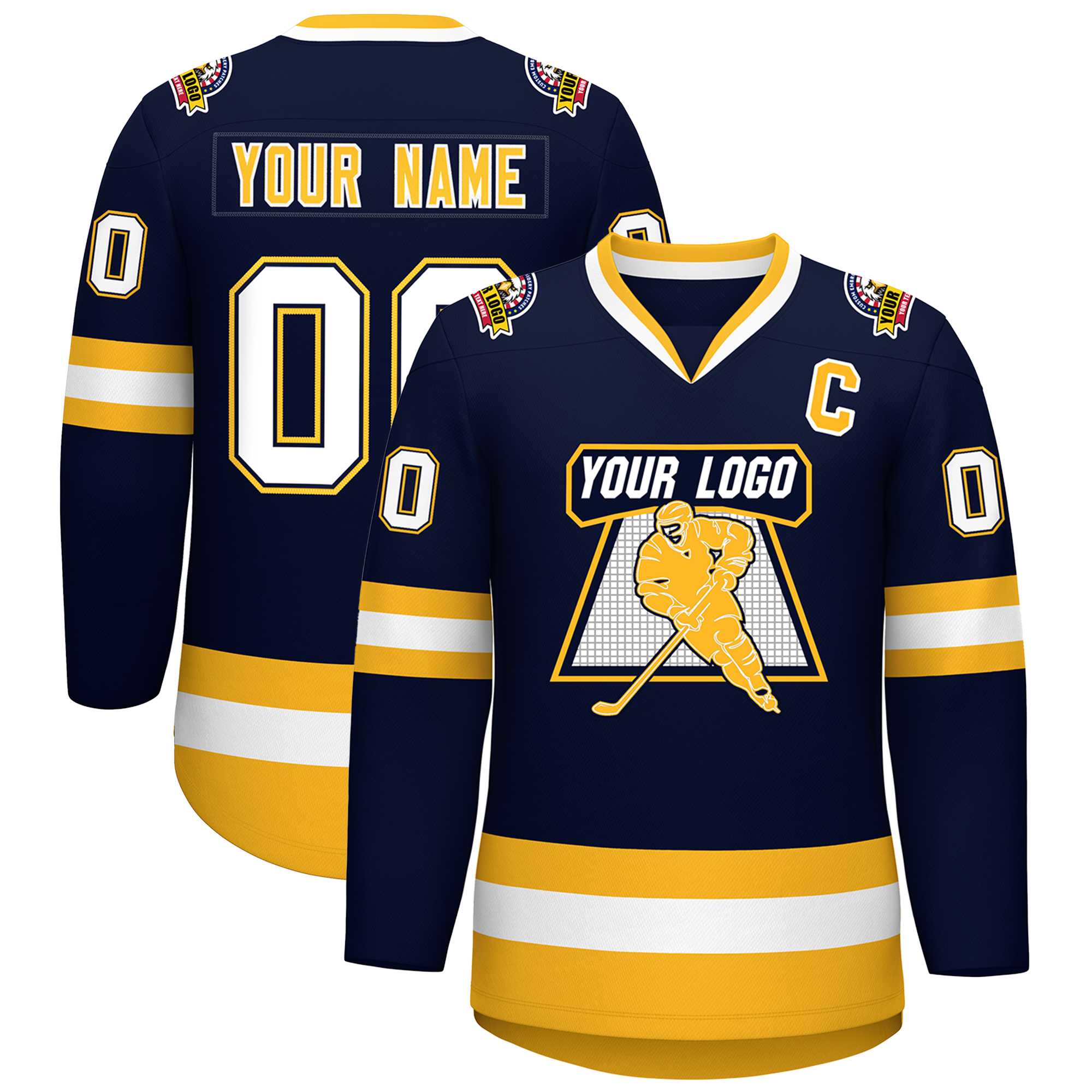 Custom Navy White Navy-Gold Classic Style Hockey Jersey