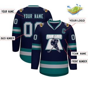 Custom Navy Gray Navy-Aqua Classic Style Hockey Jersey