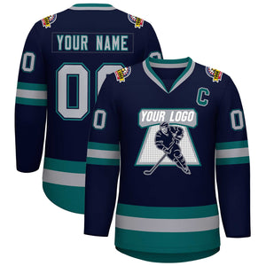 Custom Navy Gray Navy-Aqua Classic Style Hockey Jersey