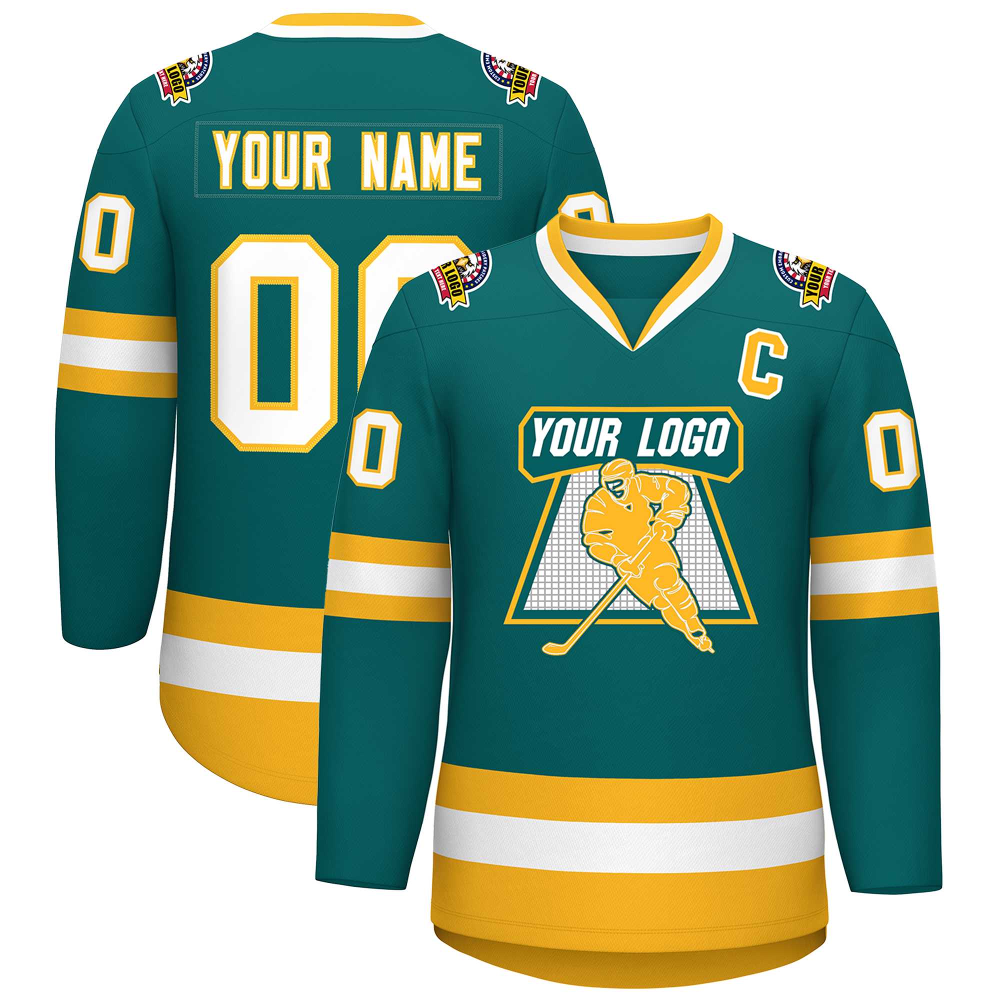 Custom Teal White-Gold Classic Style Hockey Jersey