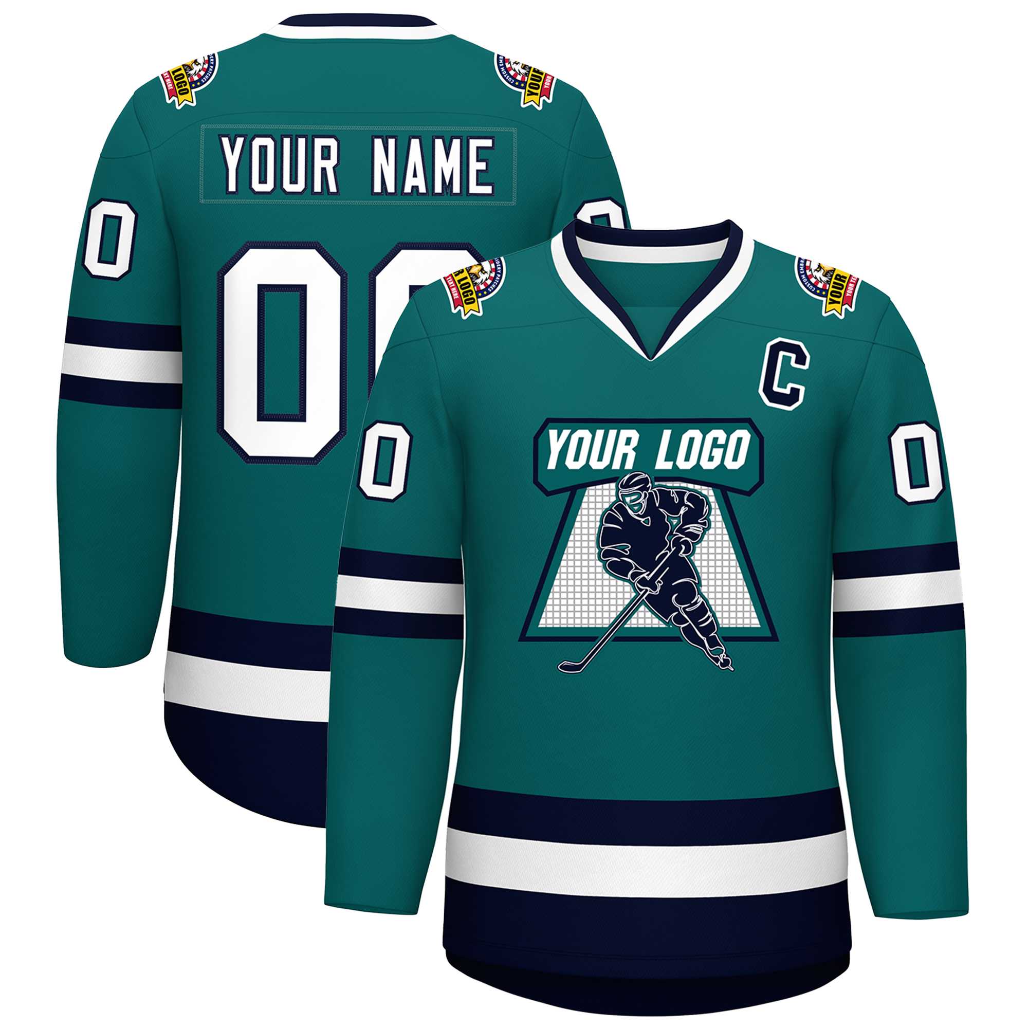 Custom Teal White-Navy Classic Style Hockey Jersey