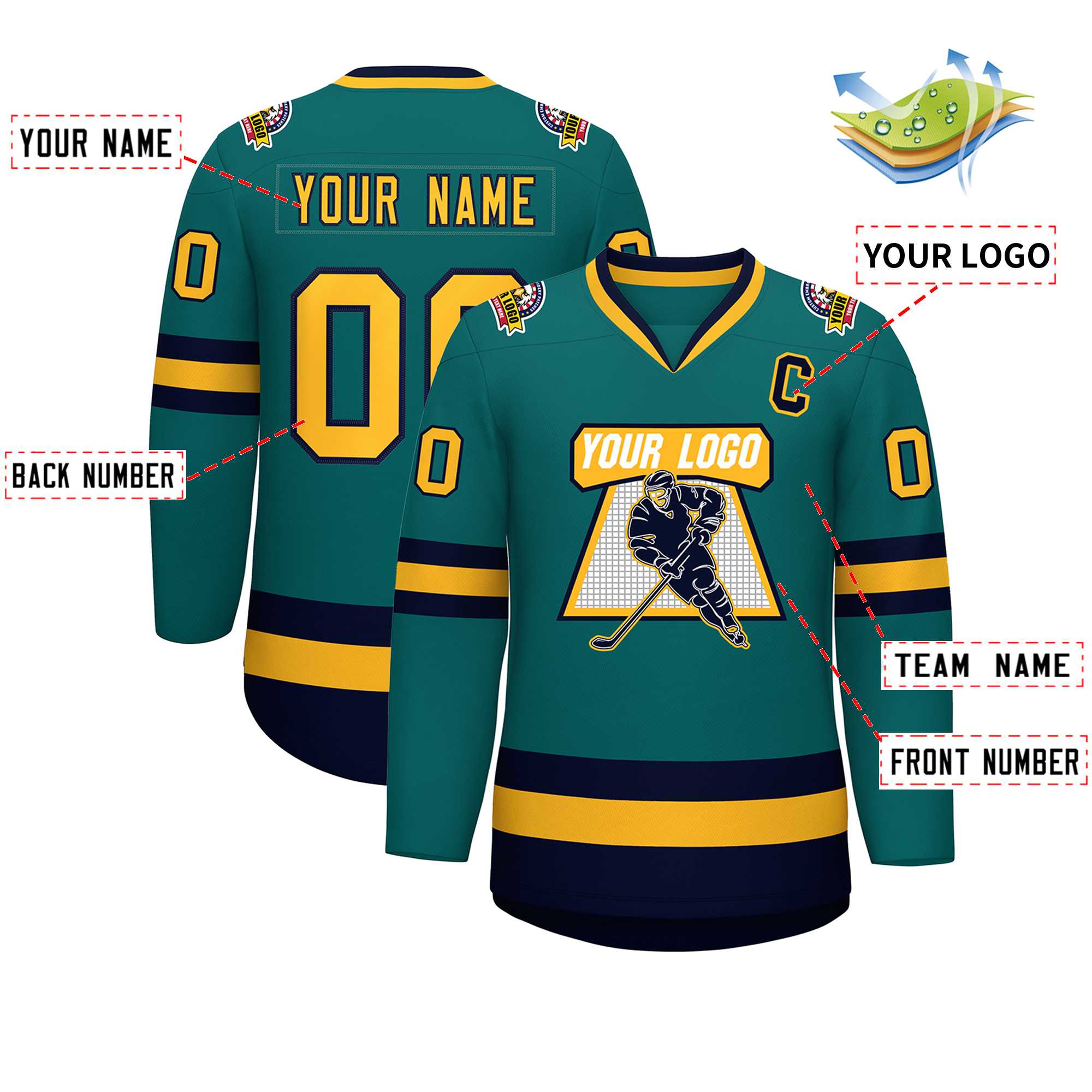 Custom Teal Gold-Navy Classic Style Hockey Jersey