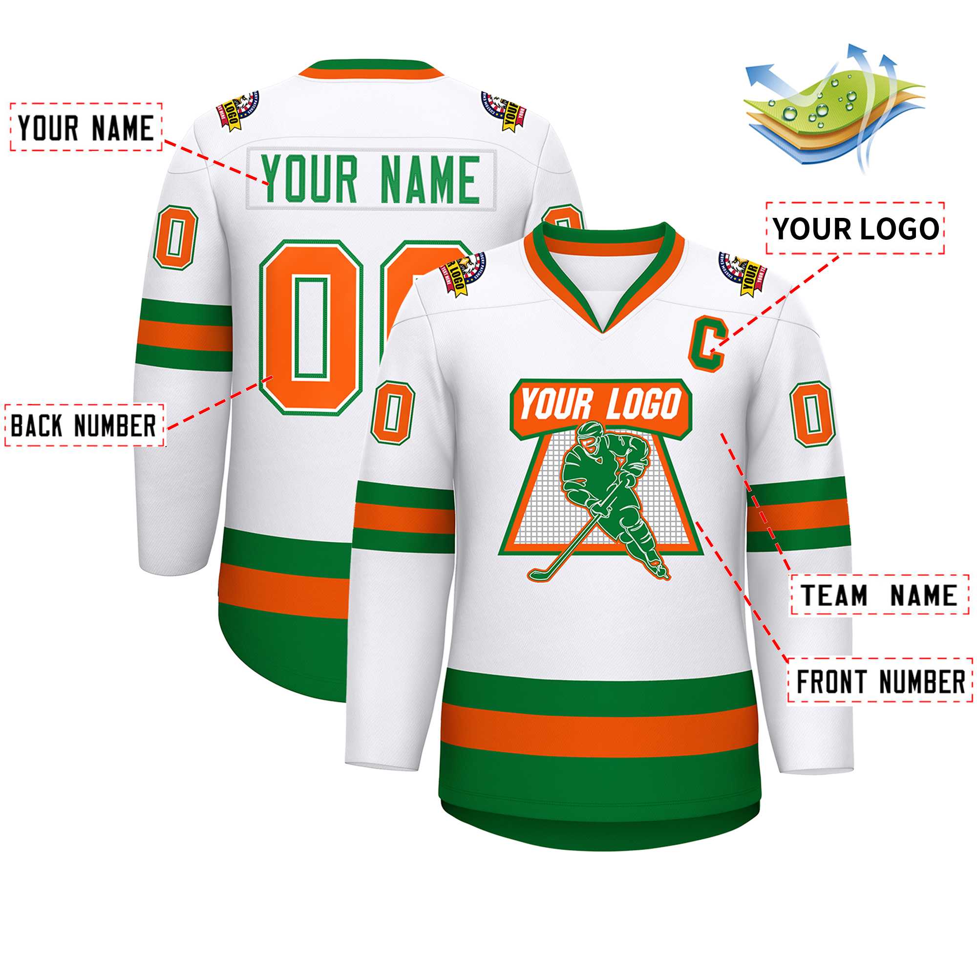 Custom White Kelly Green White-Orange Classic Style Hockey Jersey