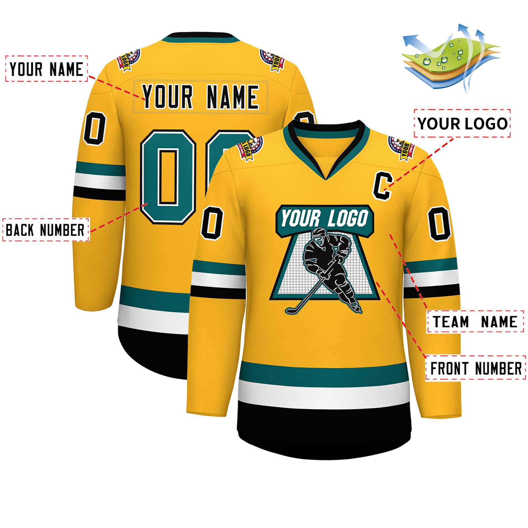 Custom Gold Aqua White-Black Classic Style Hockey Jersey