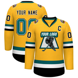 Maillot de hockey de style classique personnalisé Gold Aqua blanc-noir