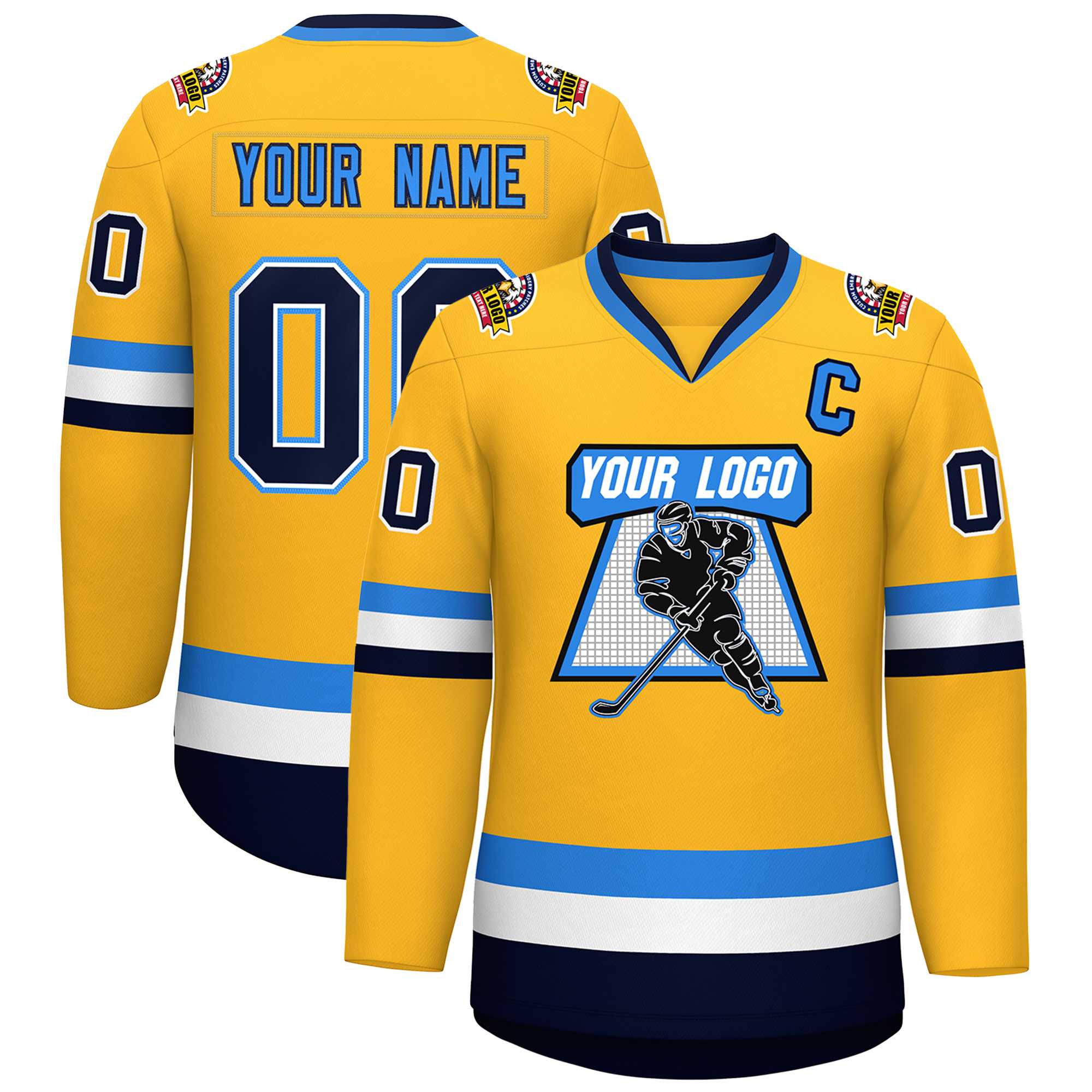 Custom Gold Navy White-Powder Blue Classic Style Hockey Jersey