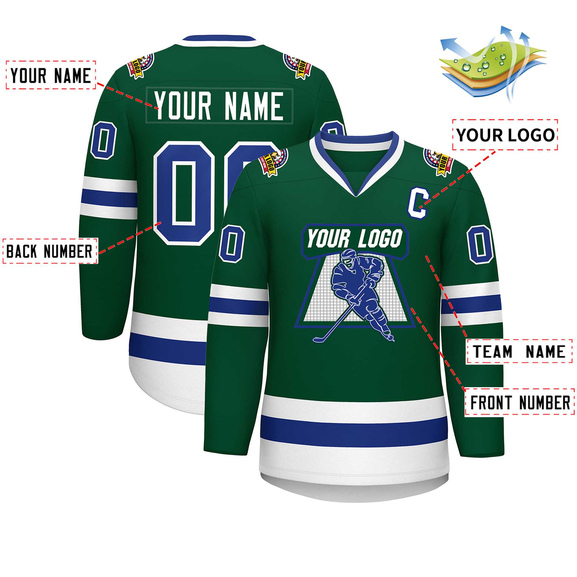 Maillot de hockey de style classique vert Royal-blanc personnalisé