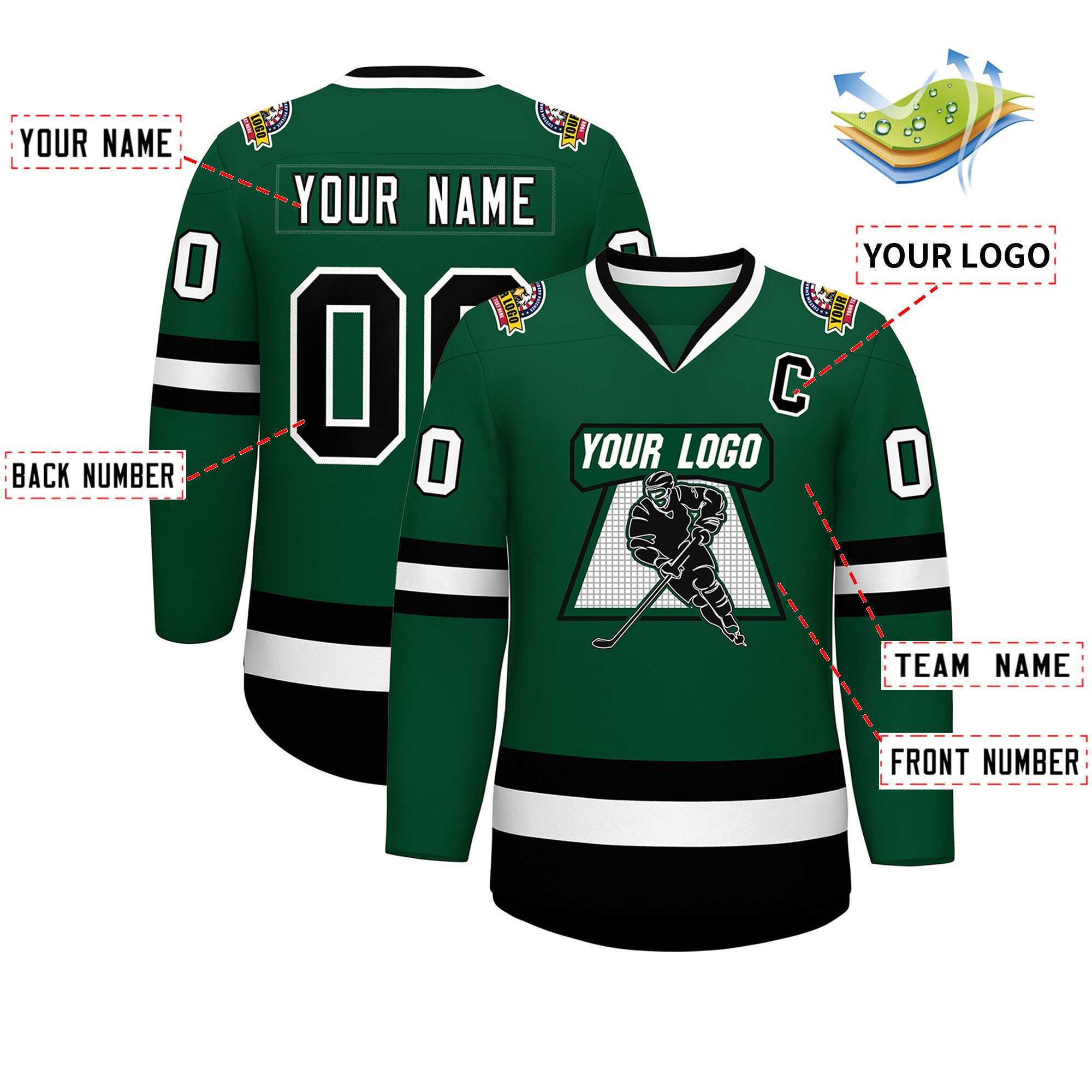 Maillot de hockey de style classique vert noir-blanc personnalisé