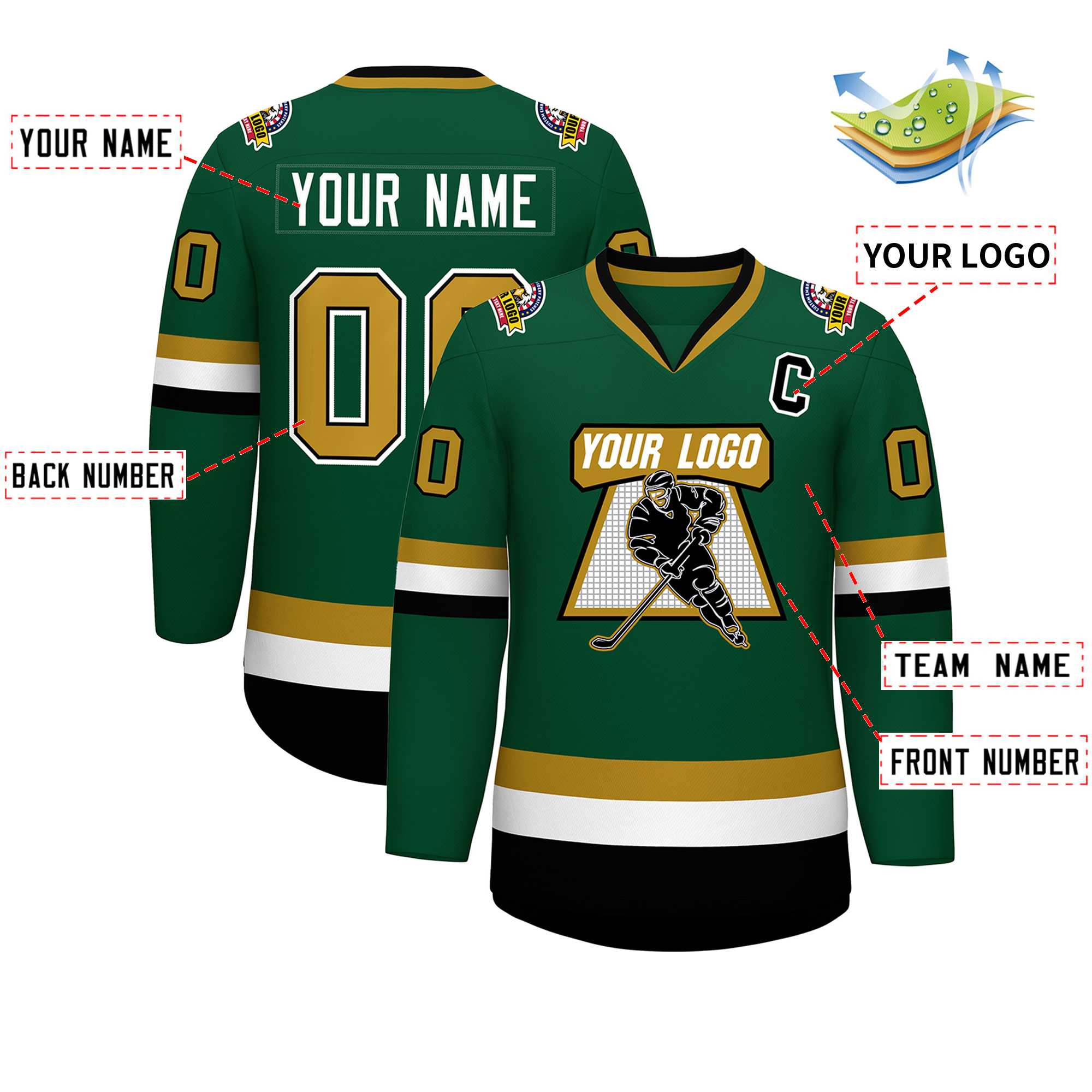 Custom Green Old Gold Black-White Classic Style Hockey Jersey