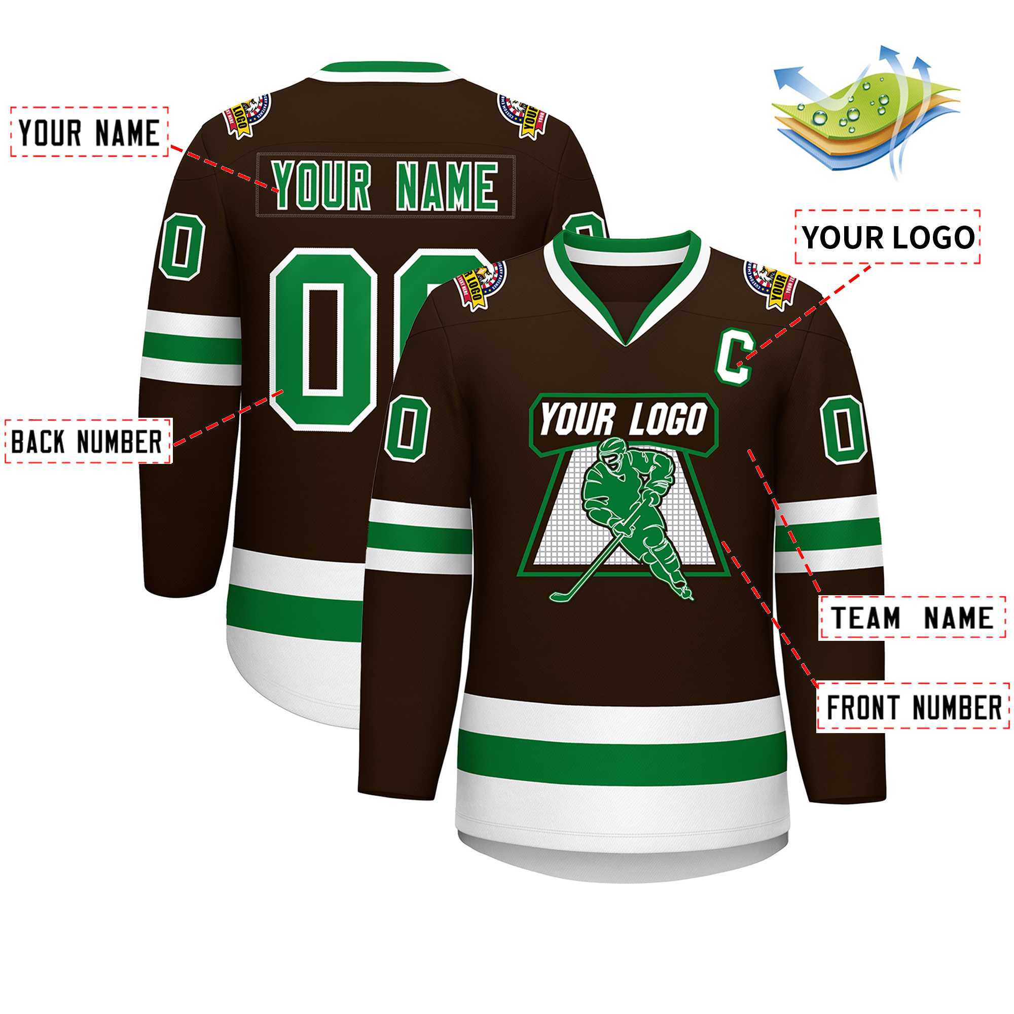 Custom Brown Kelly Green-White Classic Style Hockey Jersey