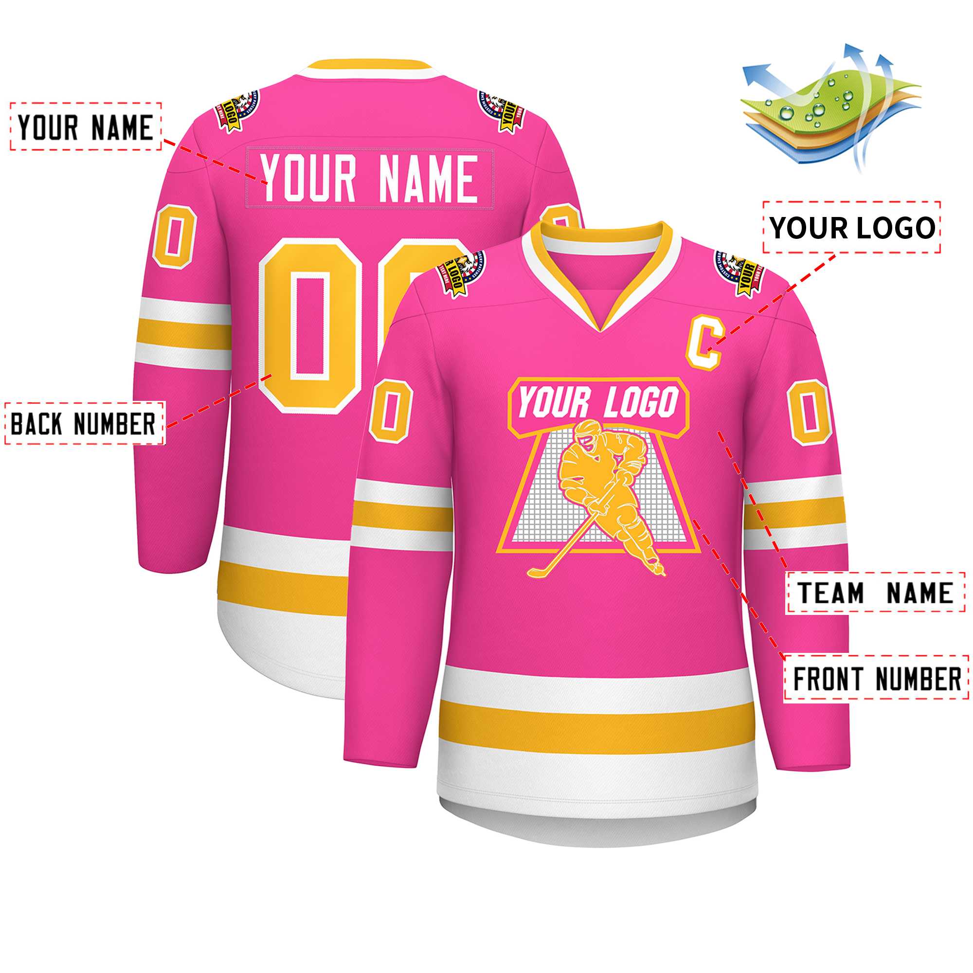 Custom Pink Gold-White Classic Style Hockey Jersey