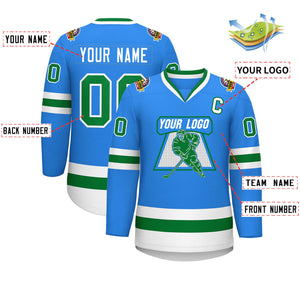 Maillot de hockey de style classique Kelly vert-blanc bleu poudre personnalisé