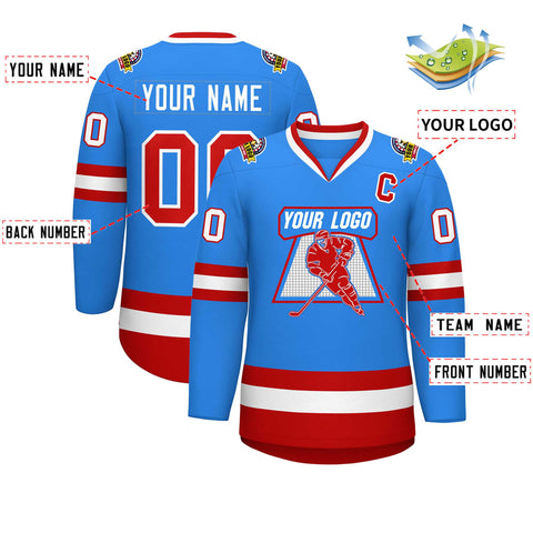 Custom Powder Blue Red-White Classic Style Hockey Jersey