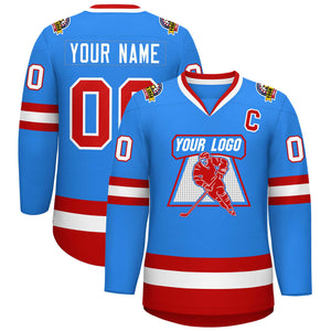 Maillot de hockey de style classique bleu poudre rouge-blanc personnalisé