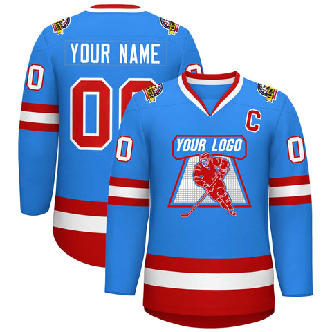 Custom Powder Blue Red-White Classic Style Hockey Jersey
