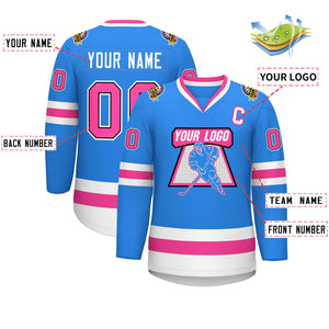 Custom Powder Blue Pink Black-White Classic Style Hockey Jersey