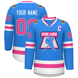 Custom Powder Blue Pink Black-White Classic Style Hockey Jersey