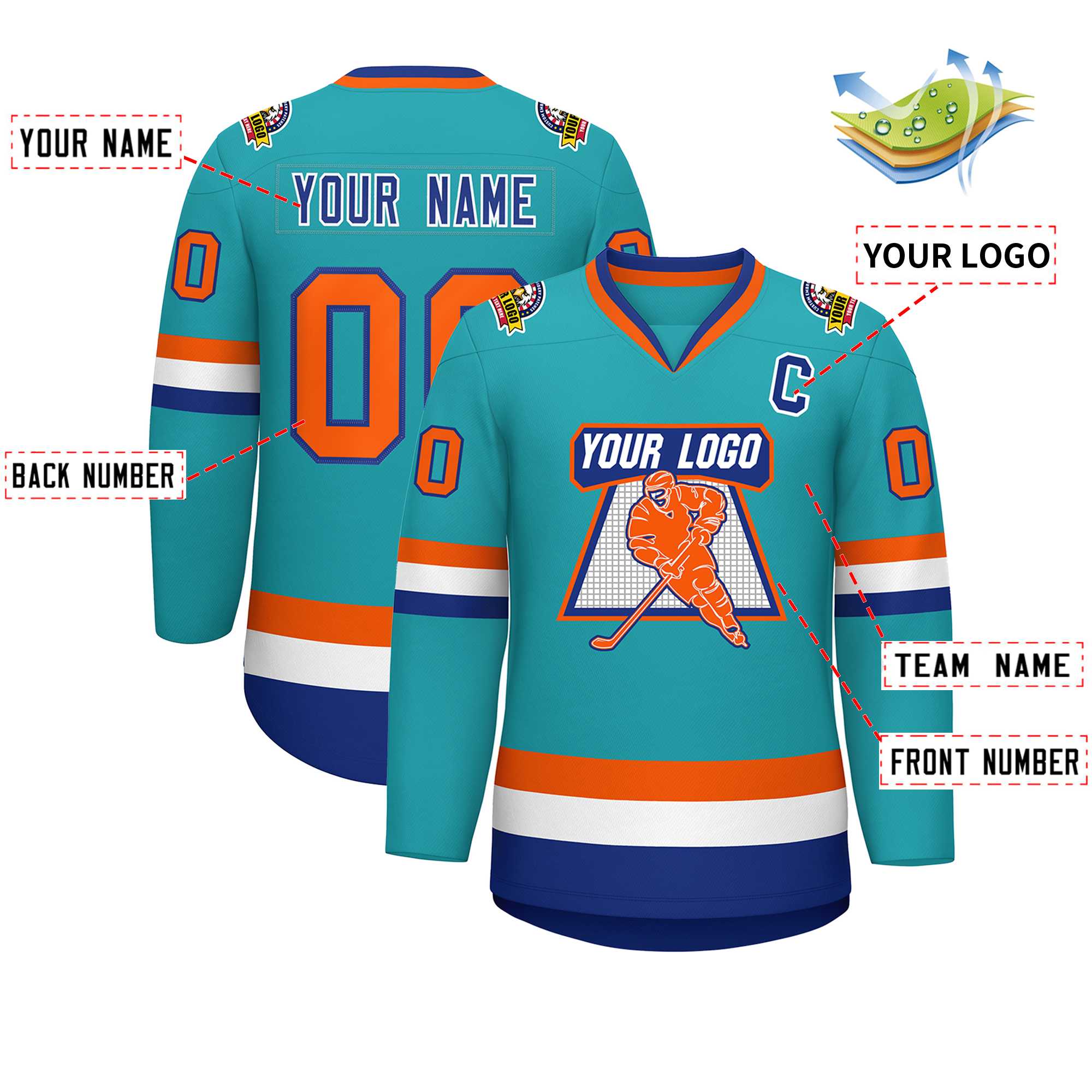 Custom Aqua Orange Royal-White Classic Style Hockey Jersey