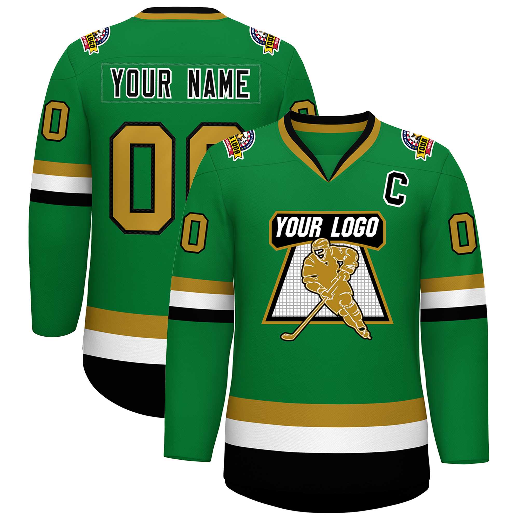 Custom Kelly Green Black White-Old Gold Classic Style Hockey Jersey