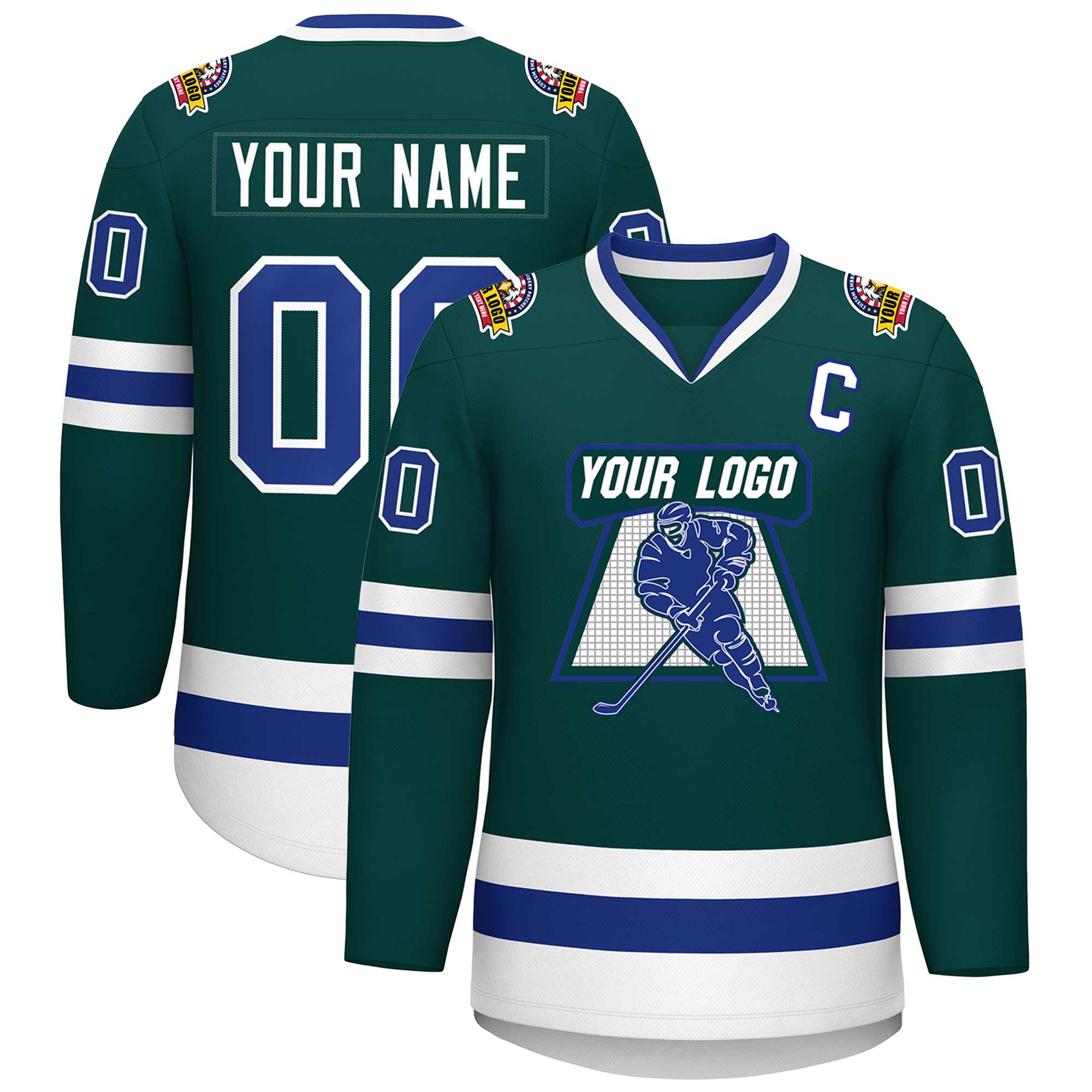 Maillot de hockey personnalisé de style classique, vert minuit, royal-blanc