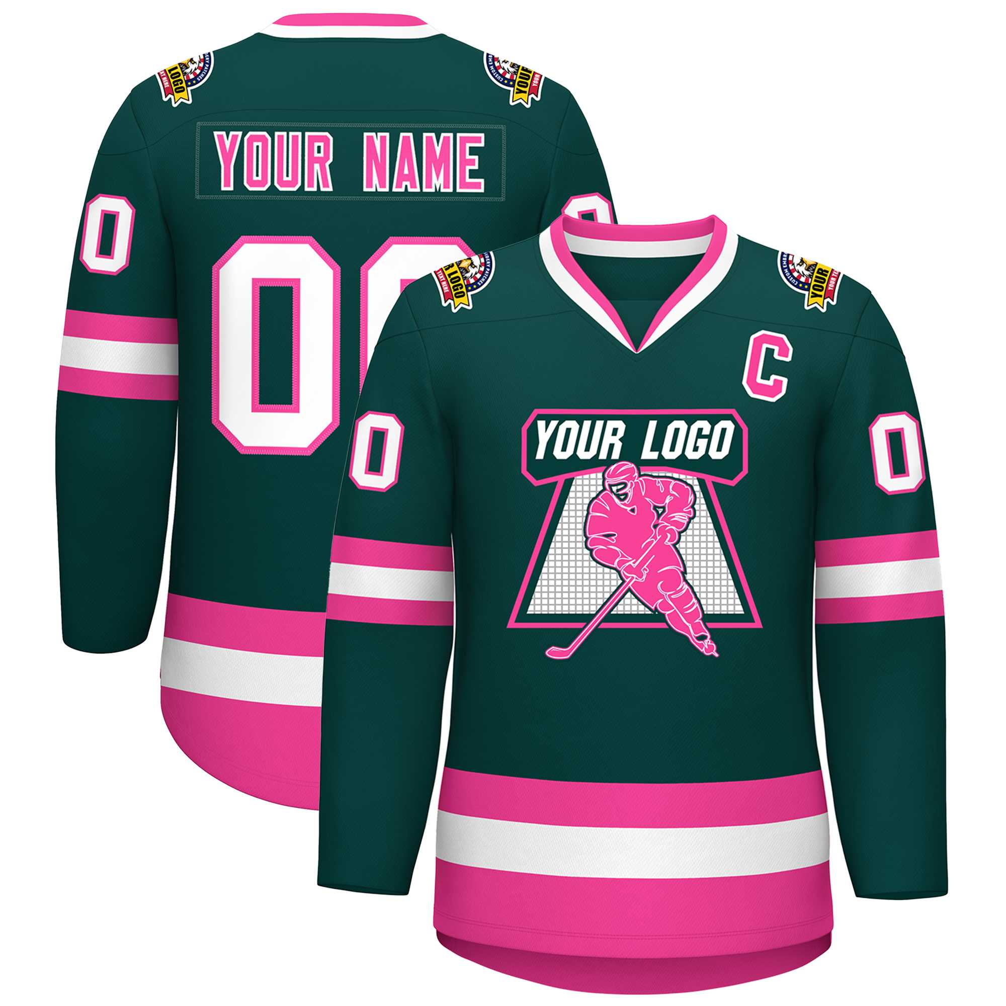 Maillot de hockey de style classique personnalisé vert minuit rose-blanc