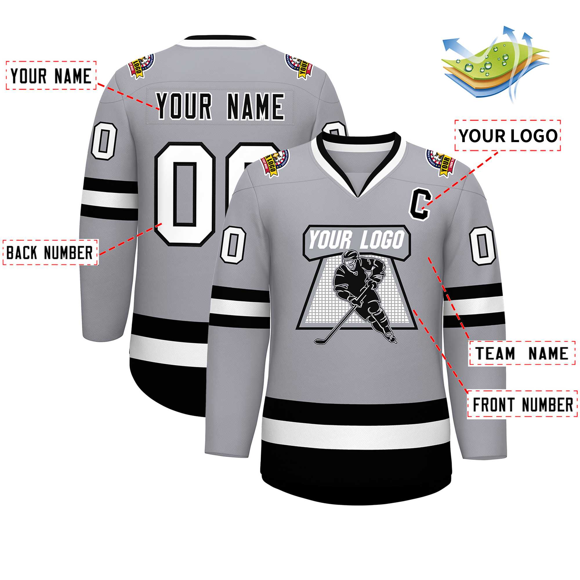 Maillot de hockey de style classique gris noir-blanc personnalisé