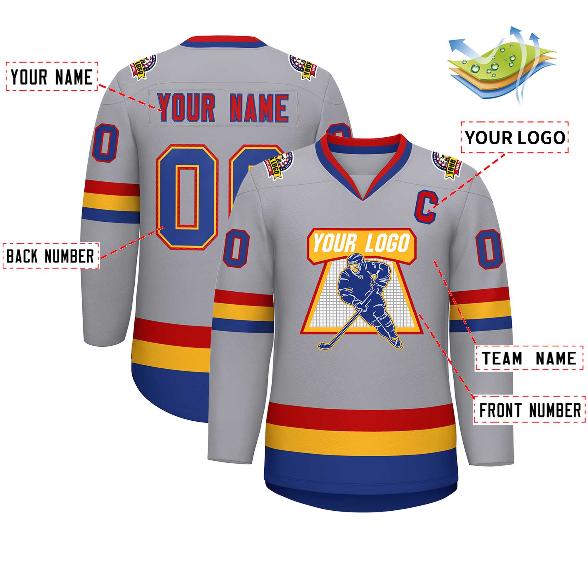 Custom Gray Royal Gold-Red Classic Style Hockey Jersey