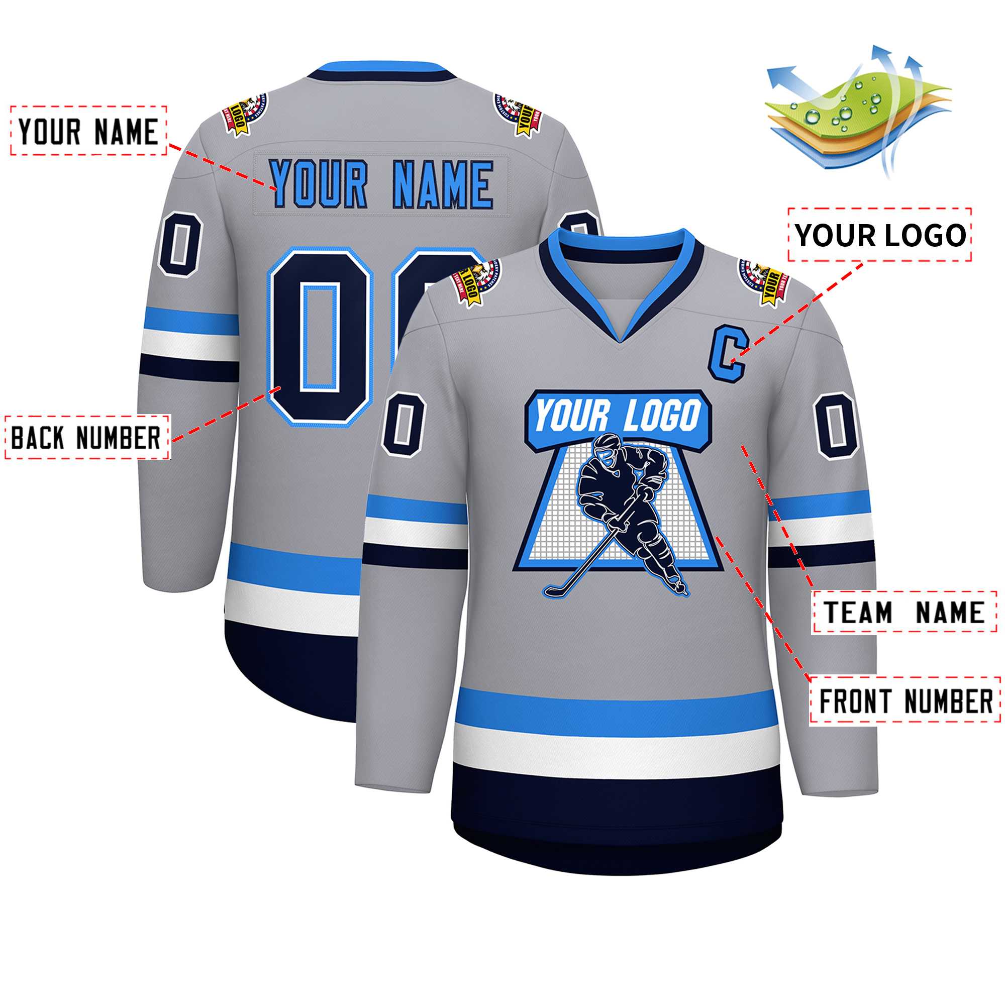 Custom Gray Navy White-Powder Blue Classic Style Hockey Jersey