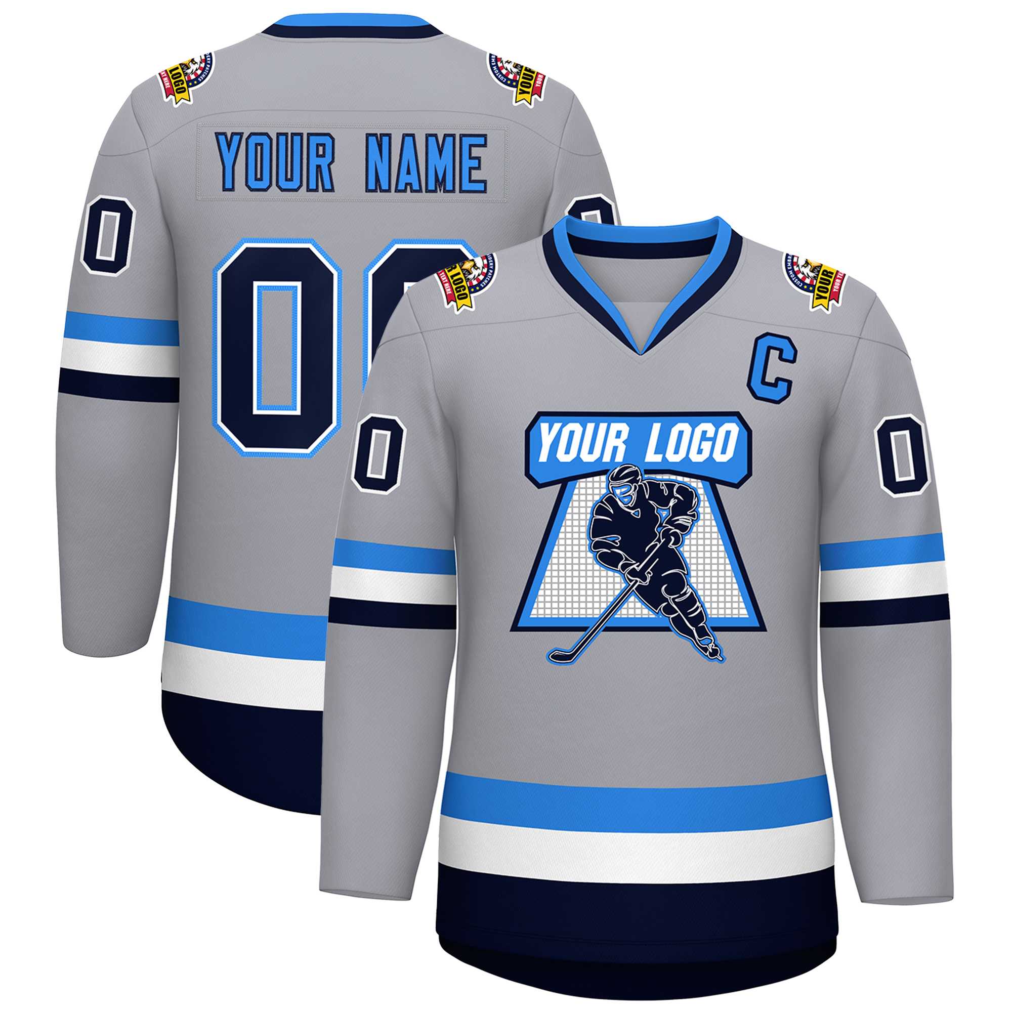 Maillot de hockey personnalisé gris marine blanc-bleu poudre, style classique