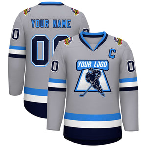 Maillot de hockey personnalisé gris marine blanc-bleu poudre, style classique