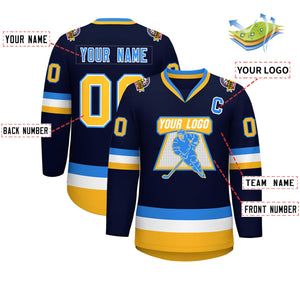 Custom Navy Gold White-Powder Blue Classic Style Hockey Jersey