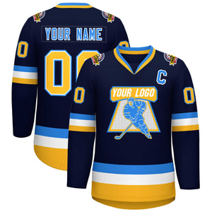 Custom Navy Gold White-Powder Blue Classic Style Hockey Jersey