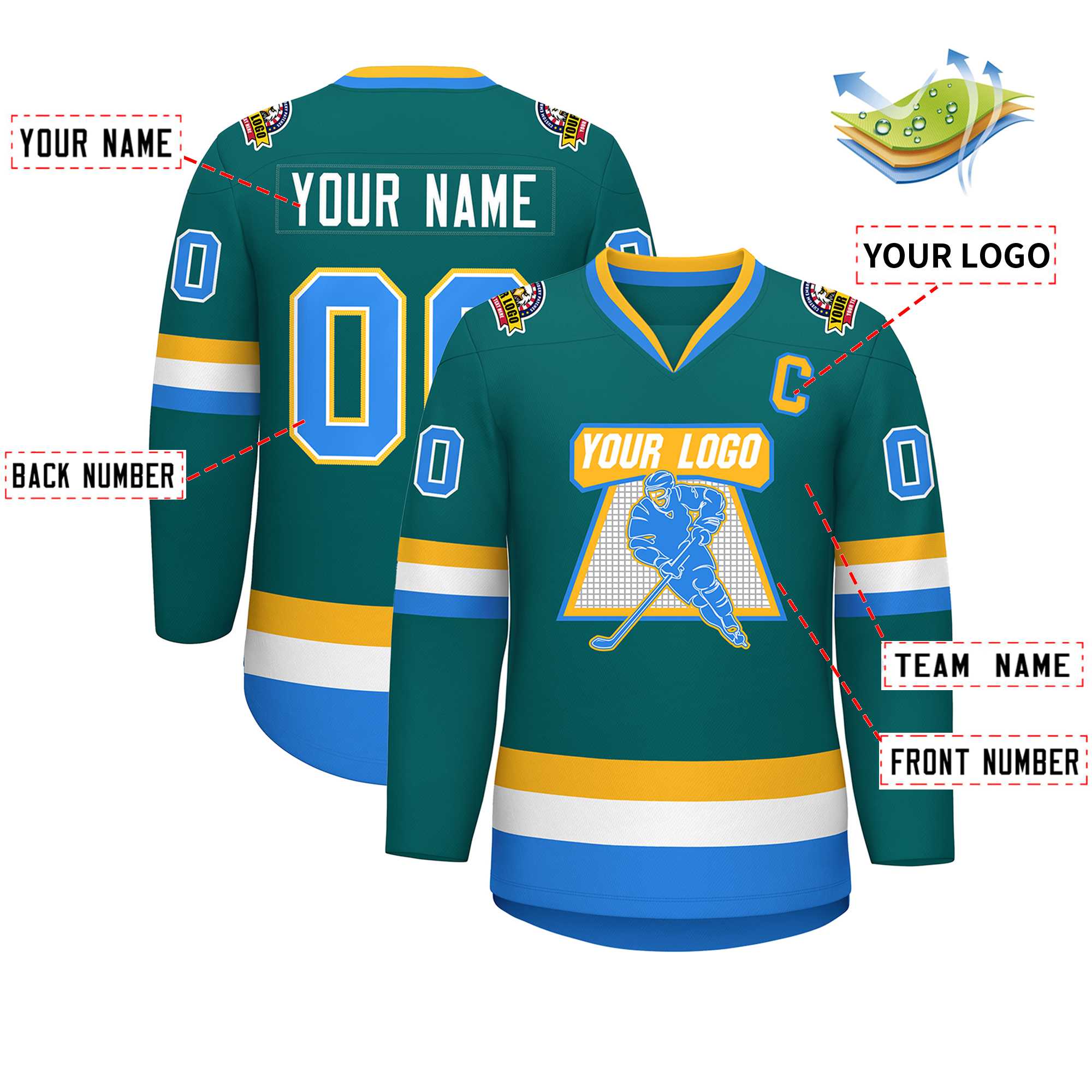 Custom Teal Powder Blue White-Gold Classic Style Hockey Jersey